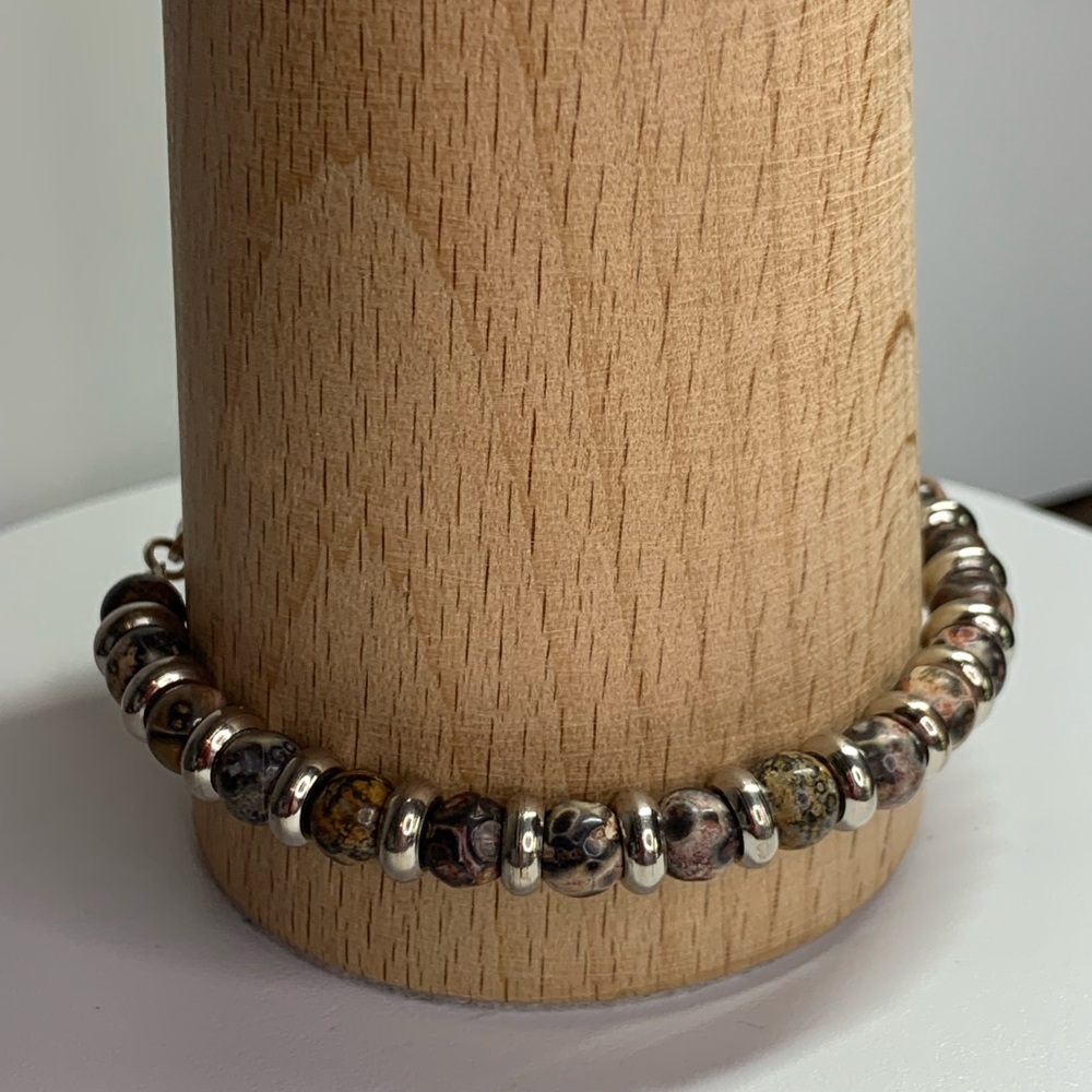 Vintage Sterling Silver & Leopard Jasper 6MM Beaded Bracelet 7-1/2” Long - Picture 4 of 16
